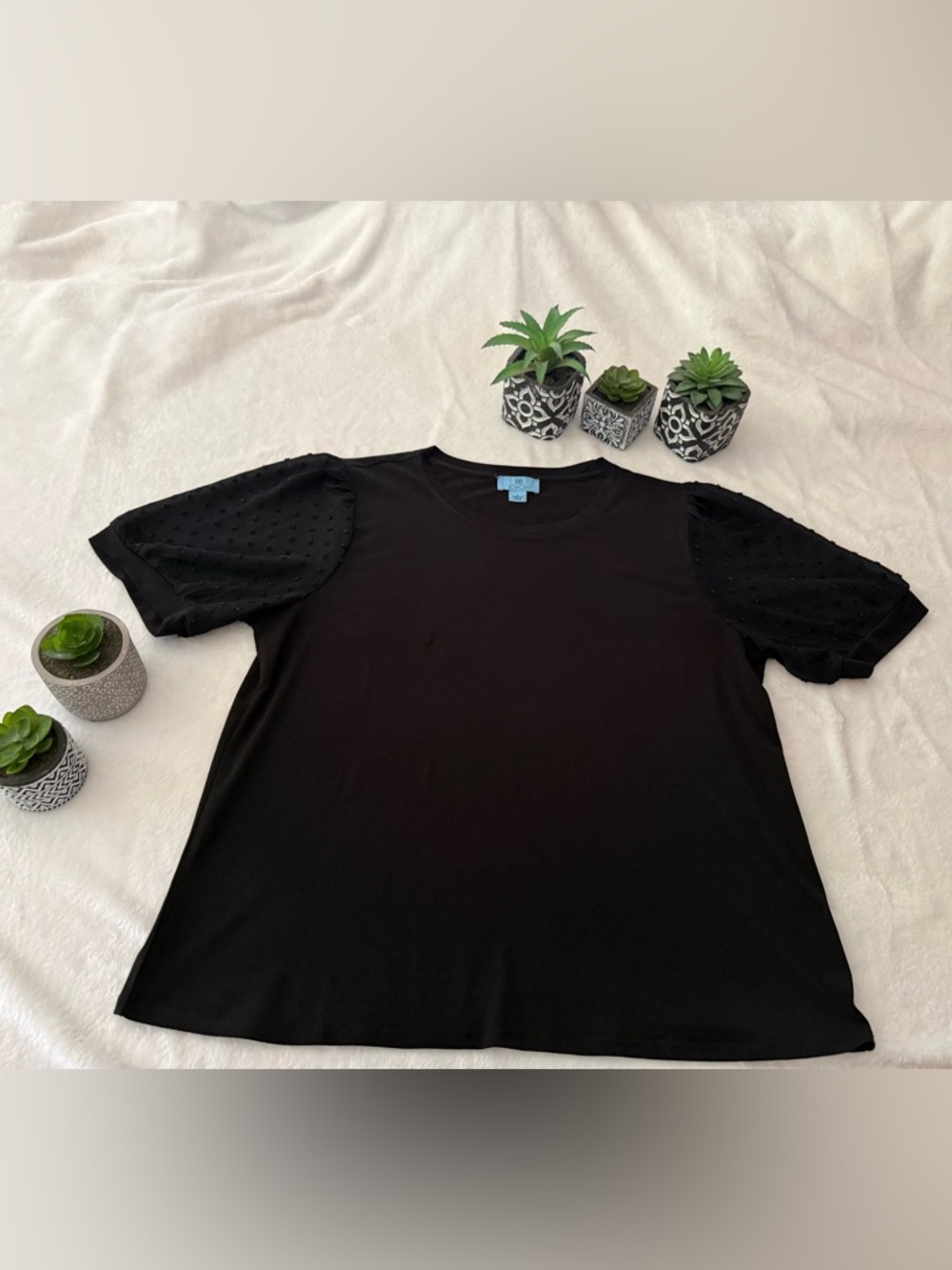 CeCe Swedish Dots Sheer Short Sleeves Black Slinky Blouse Top L